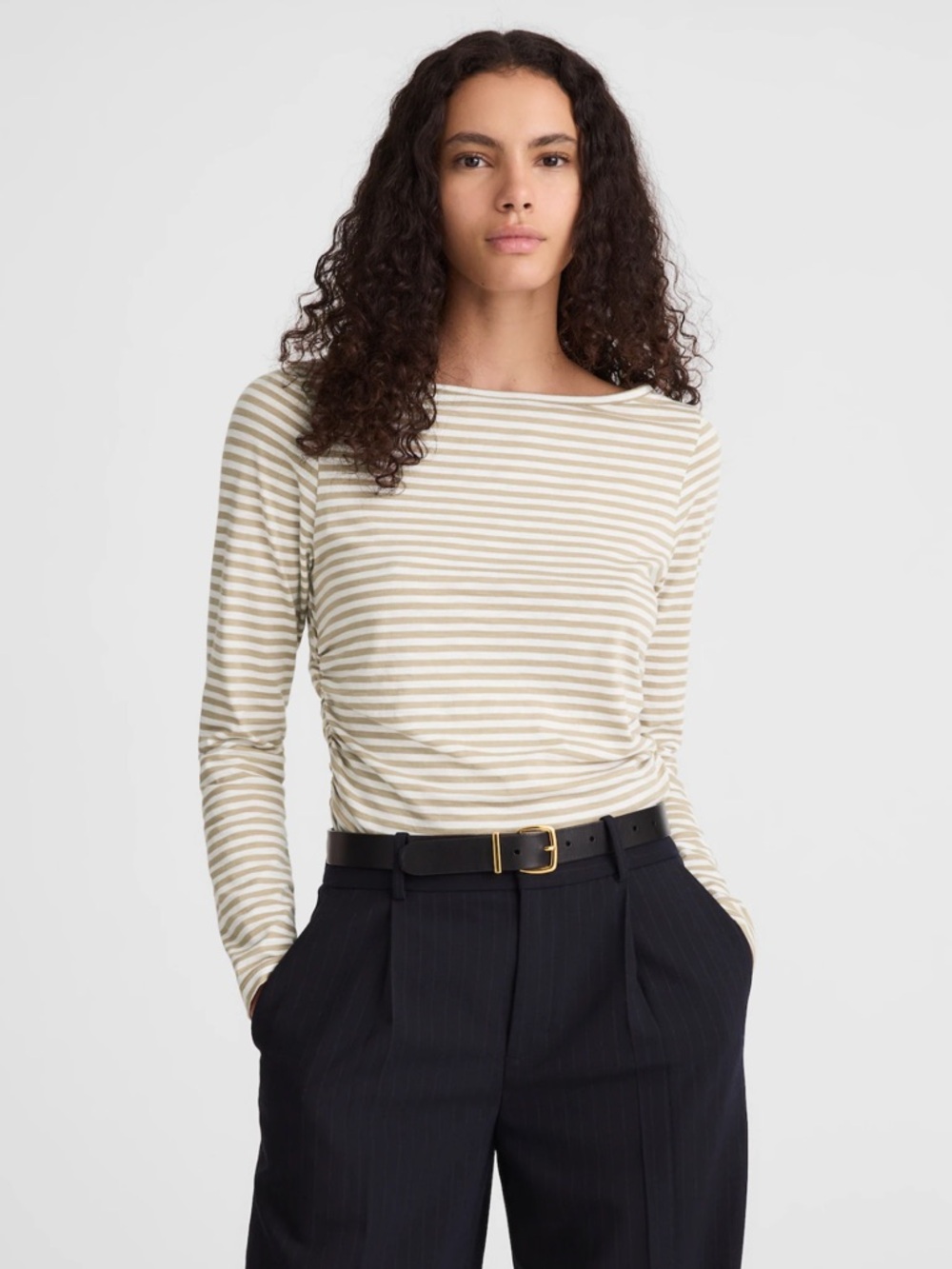 NWT Madewell Pima Cotton Striped Ruched Long Sleeve Tee Small Neutral Beige